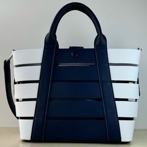 Madison West Blue White Faux Leather Satchel Bag Tote‎